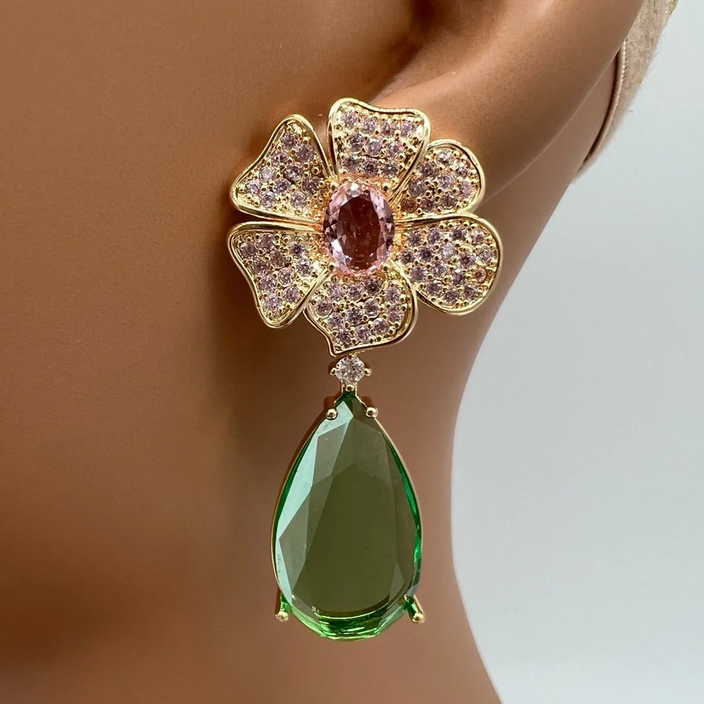 Green and Pink Floral Teardrop Zircon Earrings